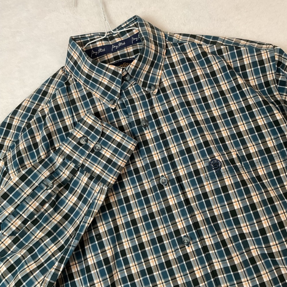 Wrangler George Strait Mens Small Teal Plaid Button Down Shirt Long Sleeve